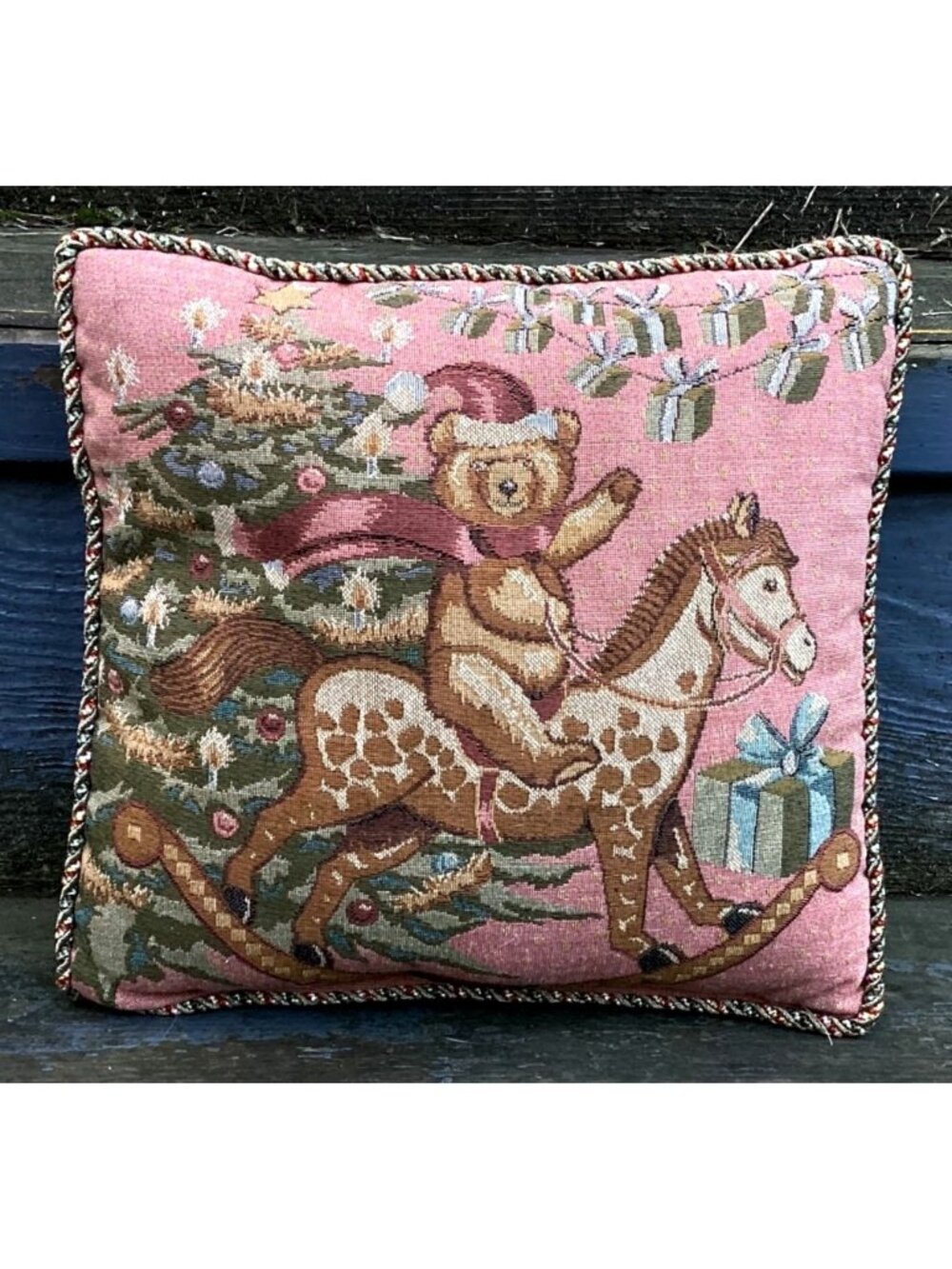 Vintage Christmas Tapestry Throw Pillow Pink Sage Bear Rocking Horse Tree 12"